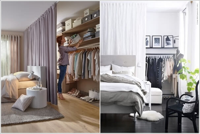 Một tấm rèm sẽ giúp ngăn cách khu để quần áo với không gian sinh hoạt, như vậy sẽ tránh được cảm giác bừa bộn cho căn phòng giải pháp cho nhà nhỏ