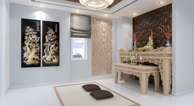 Phòng thờ với nhiều chi tiết mảng trang trí gỗ tạo sự trang nghiêm cần thiết tư vấn thiết kế căn hộ
