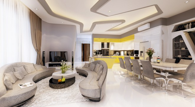 Nội thất được bố trí hài hòa và trần lượn liền lạc tạo sự phóng khoáng cho không gian tư vấn thiết kế căn hộ