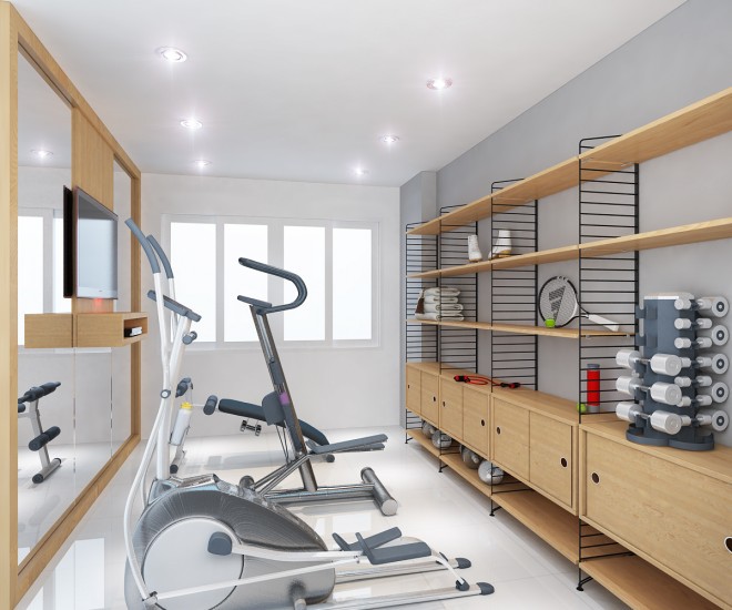 Phòng gym với mảng kính lớn và TV đơn giản mà tiện nghi tư vấn thiết kế căn hộ