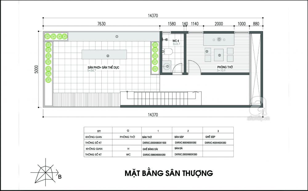 Mặt bằng tầng thượng tư vấn thiết kế nhà