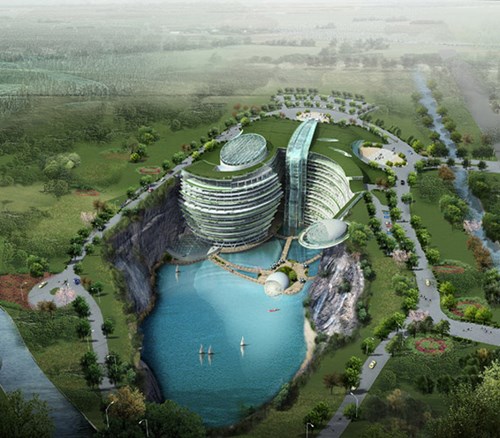 Vẻ ngoài của công trình hiện nay đã bắt đầu hình thành nhưng vẫn còn nhiều việc phải làm để giống như bản thiết kế đồ họa khách sạn
