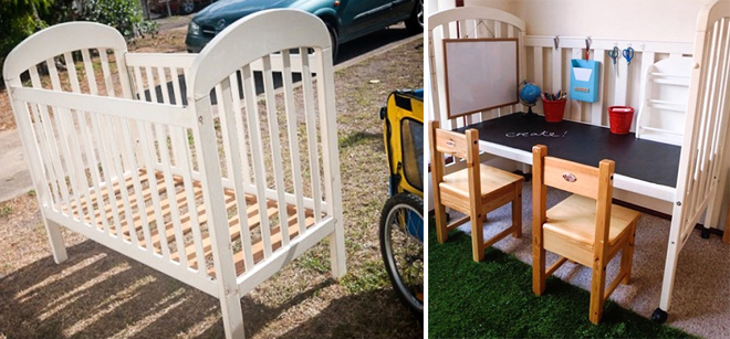 Chiếc cũi trở thành bàn học vừa xinh cho 2 bé khi đến tuổi tới trường nội thất
