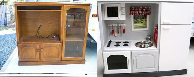 Chiếc tủ cũ này lại trở thành khu bếp đồ chơi xinh xắn cho cô con gái yêu nội thất