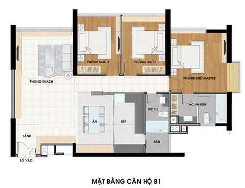 Mặt bằng các phòng trong căn hộ 130 m2 nhà đẹp
