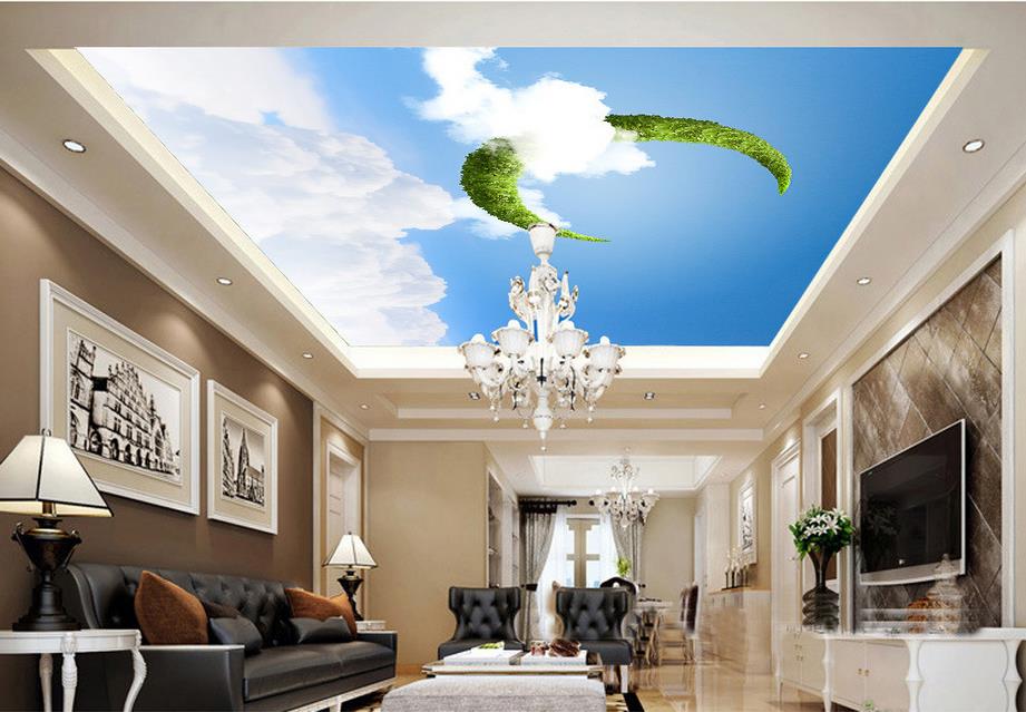 Trần nhà 3D mang màu xanh tươi mát kết hợp với đèn chùm càng làm cho phòng khách thêm hiện đại Nhà độc đáo