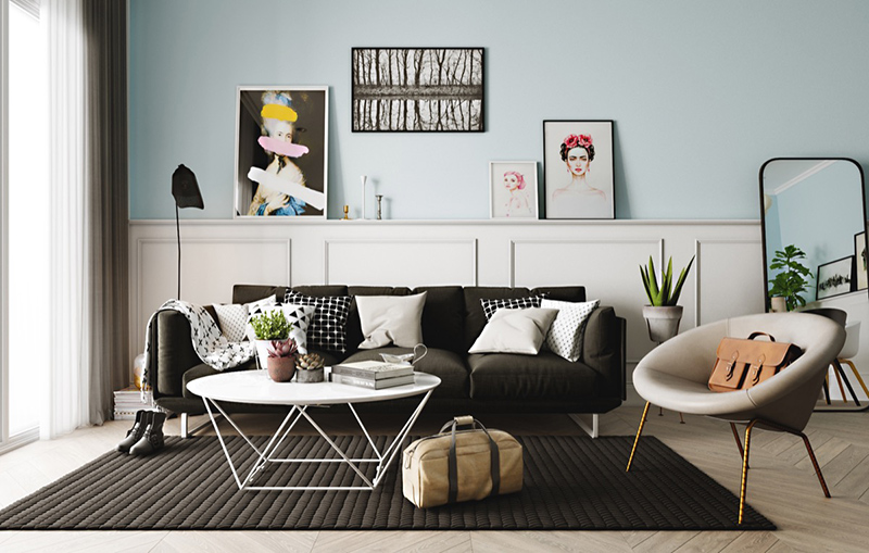 Phòng khách căn hộ màu pastel này lại được phối triệt để với tông màu tối sậm như bộ ghế sofa, thảm sàn nhà... Kiến trúc đẹp