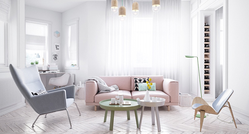Bộ ghế sofa tông màu pastel hồng phấn phối với bộ ghế màu xám, kết hợp với tường trắng, đèn thả trần là sự kết hợp tinh tế Nội thất