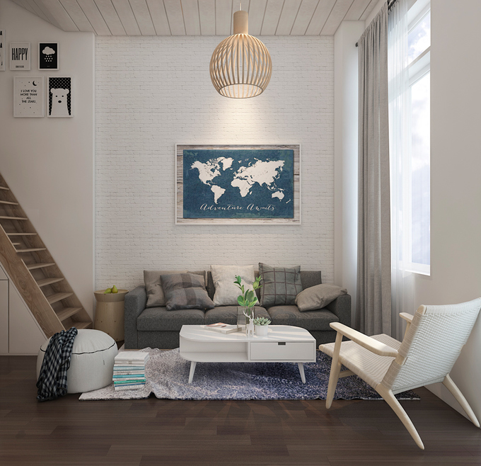 Trần nhà cần làm cao hơn để đi lại ở gác lửng được thoải mái. Khu vực phòng khách chủ yếu dùng tông trắng, gỗ sáng màu nhẹ nhàng Kiến trúc đẹp
