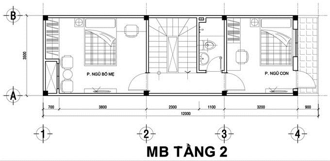 Tầng 2 gồm phòng ngủ cho bố mẹ và các con, ở giữa là cầu thang và WC Kiến trúc đẹp
