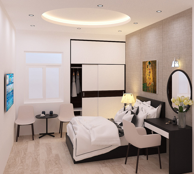 Phòng ngủ chính đơn giản với cửa sổ mở ra giếng trời lấy sáng Kiến trúc nhà ở