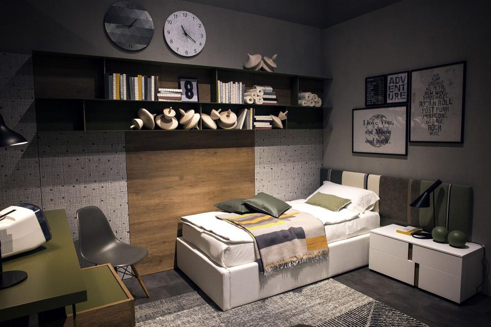 Với thiết kế đầu vít sáng tạo và bàn cạnh giường ngủ thấp, giường có góc mở rộng không gian trong phòng ngủ nhỏ Thiết kế
