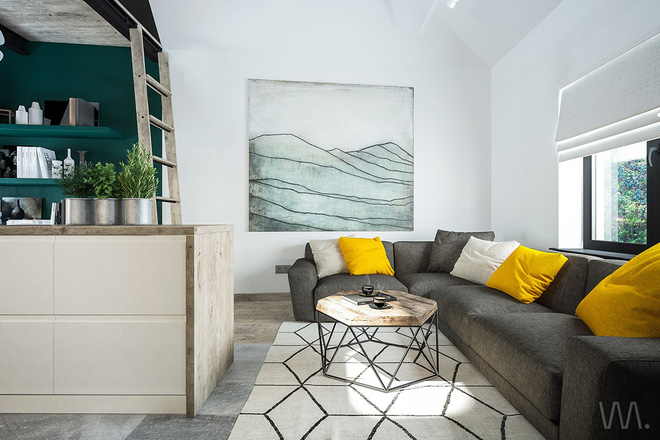 Phòng khách cao với cửa sổ nên rất thoáng, rộng kết hợp của bộ sofa màu ghi xám với các món bàn ghế, đồ trang trí độc đáo Kiến trúc nhà đẹp