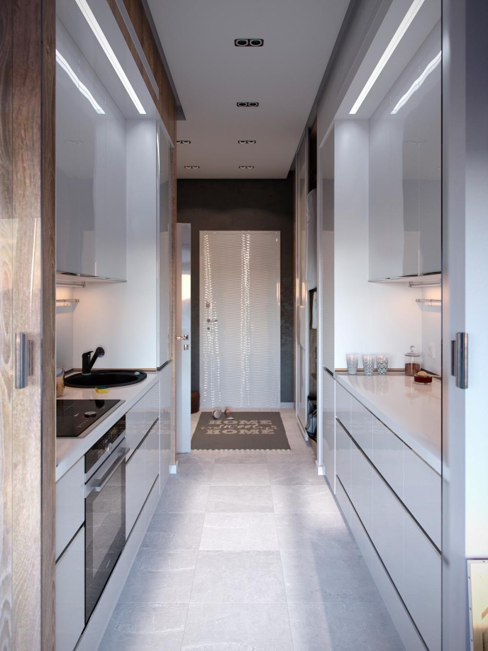 Thiết kế bếp theo bố cục galley – hai bên lối đi sẽ là đảo bếp và bếp nấu, với thiết kế này bếp không có cửa sổ và nhược điểm là tối nhưng các bề mặt bóng màu sáng giúp cho bếp không bị quá tối, và cũng dễ dàng phản quang lại khi có ánh sáng chiếu vào Kiến trúc đẹp