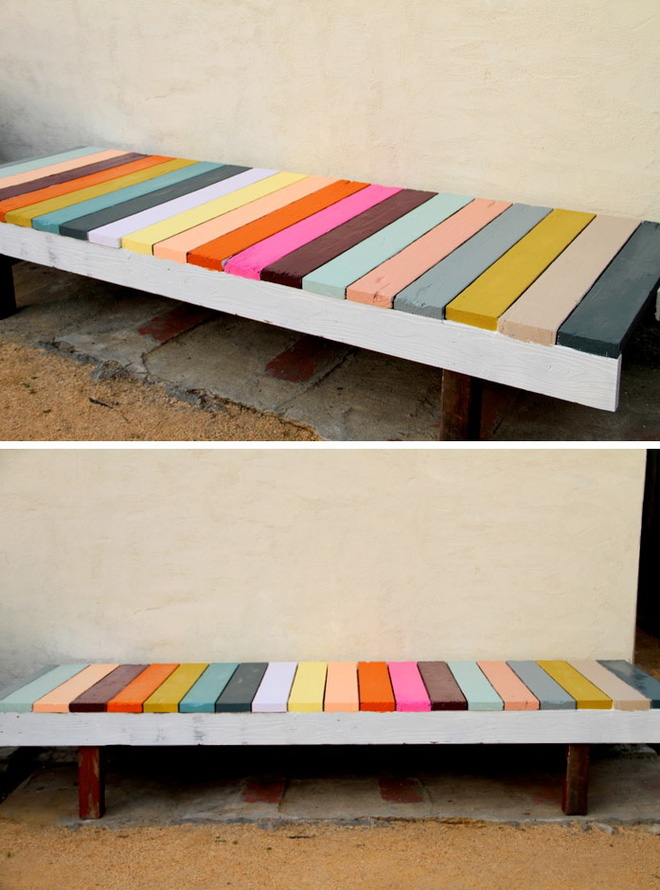 Chỉ cần tận dụng những thanh gỗ pallet cũ đóng thành chiếc ghế băng đơn giản, rồi tô màu cho những thanh gỗ là bạn đã có ngay một chiếc ghế xinh đẹp Kiến trúc
