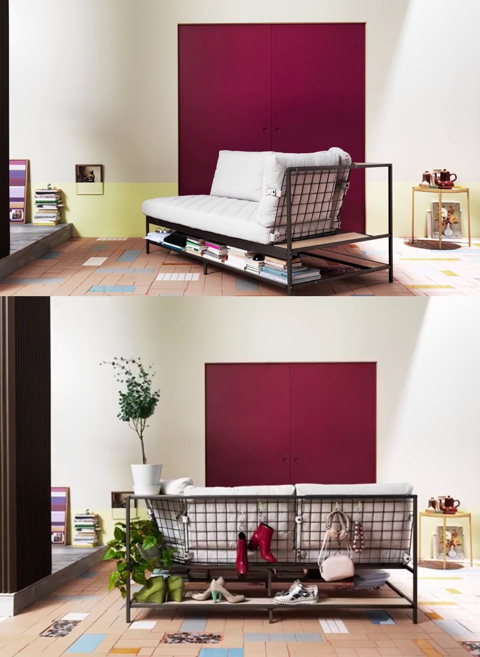 Thay vì phần khung bằng gỗ truyền thống, mẫu sofa Ikea Ekebol này sử dụng phần khung bằng kim loại với phần tựa lưng là tấm kim loại đan. Nhờ thiết kế này, bạn có thể tận dụng không gian phía sau sofa làm giá đồ treo mũ, ví, chìa khóa rất tiện Nội thất