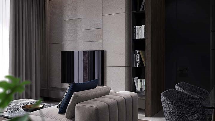 Đằng sau ti vi là bức tường bằng đá phù hợp với tông màu sáng của ghế sofa trong phòng khách Kiến trúc đẹp