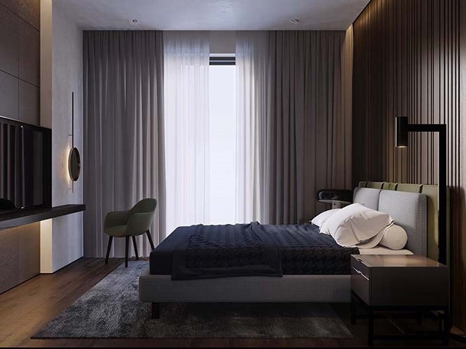 Rèm cửa giúp che một lượng lớn ánh sáng tự nhiên nhưng vẫn cung cấp đủ ánh sáng cho phòng ngủ Căn hộ