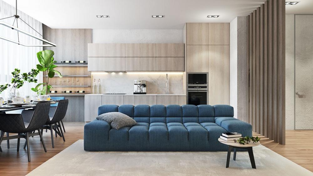Ghế sofa là nội thất duy nhất có màu sáng trong phòng khách, nổi bật trên nền sàn gỗ Nhà ở
