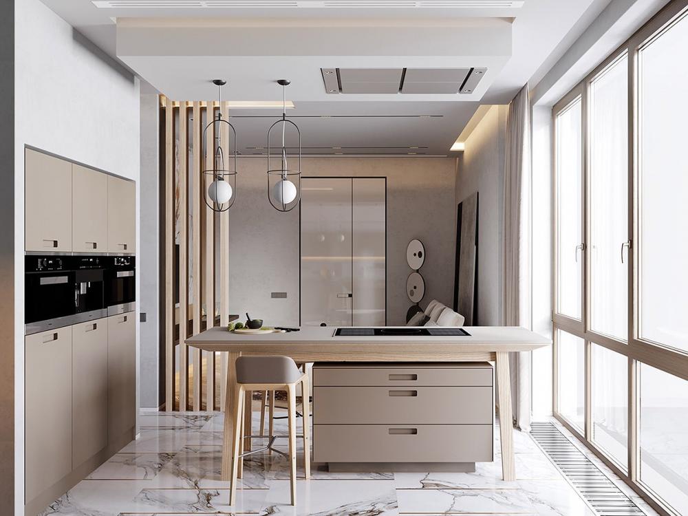 Gạch lát đá cẩm thạch tinh xảo trong không gian bếp tối giản, màu be Nhà ở độc đáo