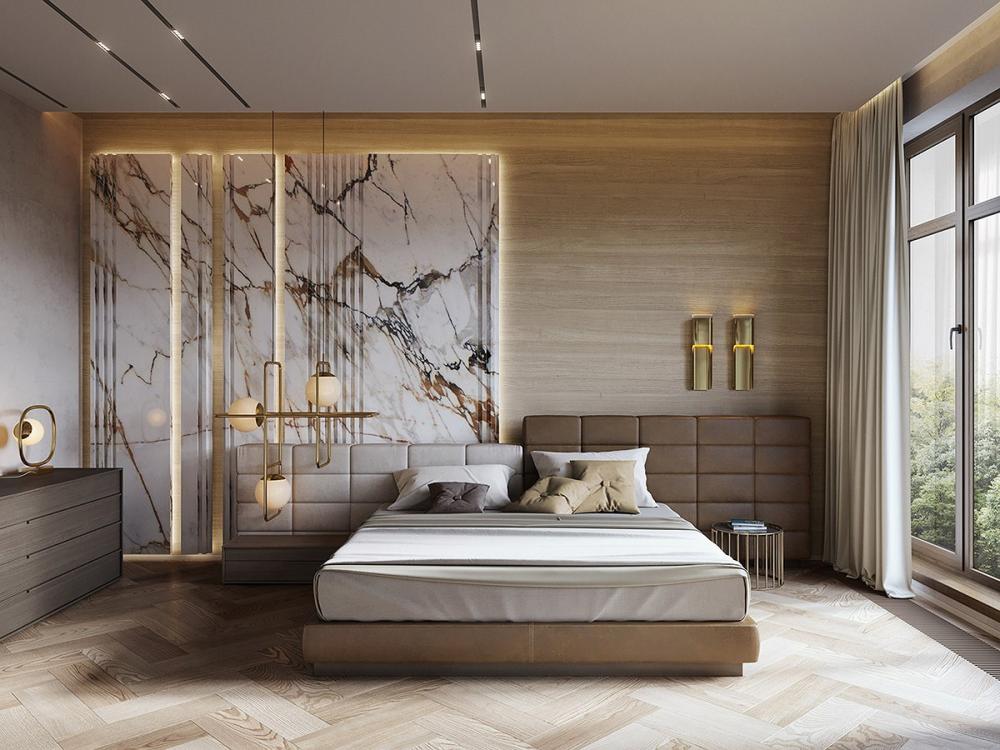 Bức tường đầu giường đầy tính nghệ thuật với sự kết hợp gỗ và đá cẩm thạch Kiến trúc nhà ở