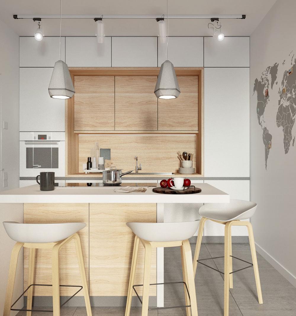 Những chiếc ghế chân gỗ dáng cao được đặt gần đảo bếp để tận dụng nơi này làm chỗ ăn sáng. ghế chân gỗ dáng cao