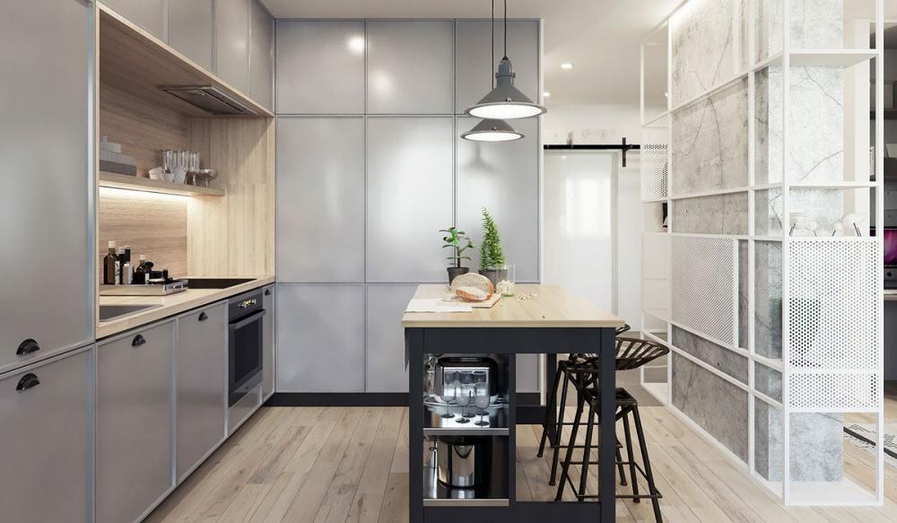 Do căn hộ có diện tích nhỏ nên chủ nhà khéo léo tận dụng đảo bếp làm chỗ lưu trữ đồ đạc. căn hộ có diện tích nhỏ