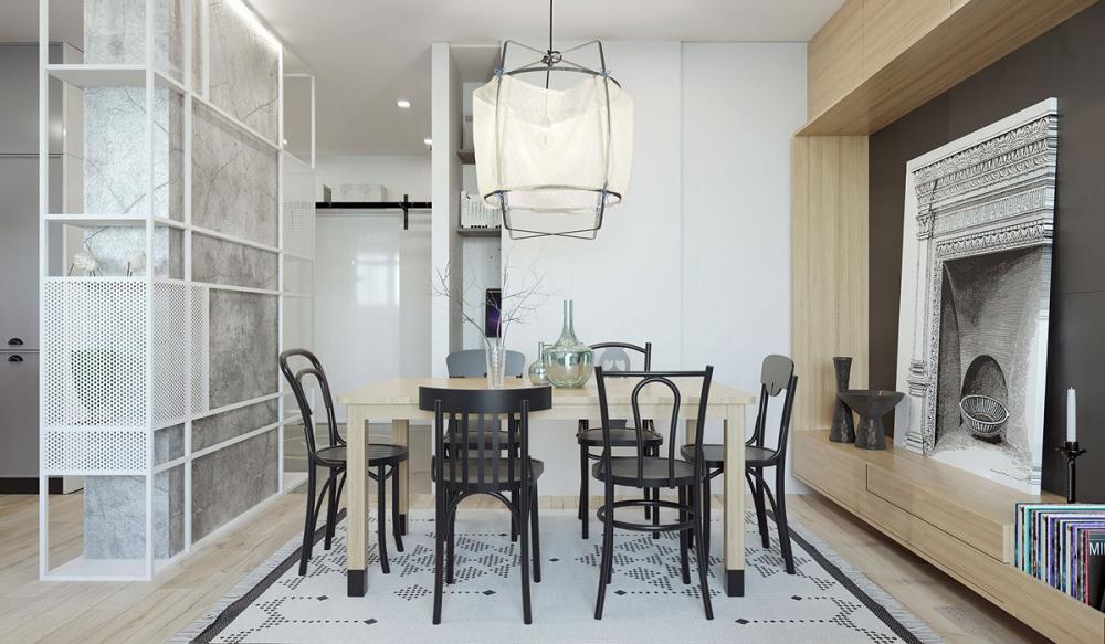 Phòng ăn được định hình bằng một tấm thảm len với bộ ghế đủ chỗ cho một gia đình lớn. phòng ăn