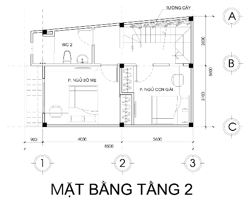 Tầng 2 gồm phòng ngủ bố mẹ ở phía trước, còn phòng ngủ con gái ở phía sau, bên cạnh là cầu thang và giếng trời. mặt bằng tầng 2