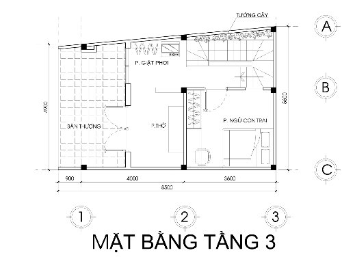 Tầng 3 gồm phòng thờ ở phía trước và phòng ngủ con trai ở phía sau. mặt bằng tầng 3