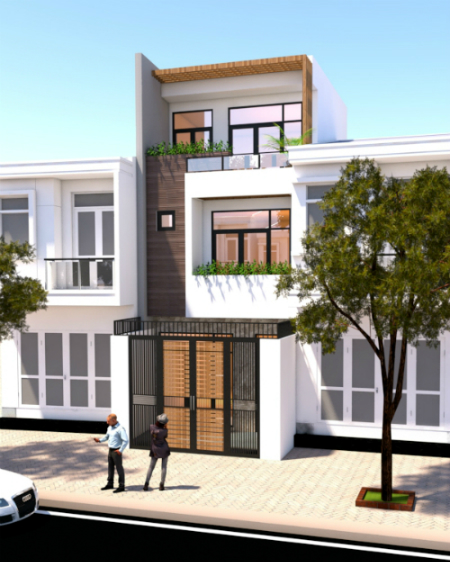 Ảnh phối cảnh mặt tiền ngôi nhà, thiết kế đơn giản với màu trắng là màu chủ đạo mặt tiền ngôi nhà