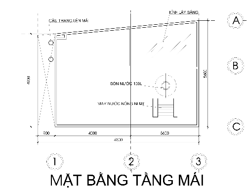 Mặt bằng tầng mái, khu vực này bố trí bồn nước và máy năng lượng mặt trời Mặt bằng tầng mái