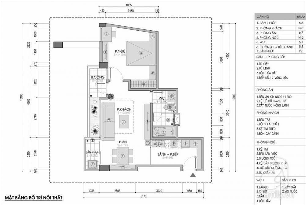 Mặt bằng bố trí nội thất căn hộ 54m2 bố trí nội thất căn hộ 54m2