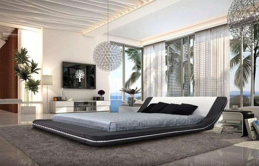 Mẫu thiết kế giường tinh tế làm từ da tự nhiên và được viền đèn led xung quanh Mẫu thiết kế giường tinh tế
