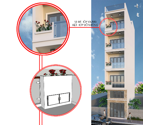 2. Giấu thang vào các hộp đặt sẵn ở ban công, có thể kết hợp làm bồn hoa trang trí ban công nhà ống