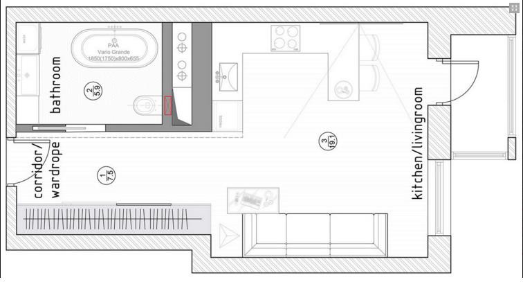 Sơ đồ bố trí căn hộ 32m2 màu xám của cô gái trẻ độc thân. bố trí căn hộ 32m2 màu xám