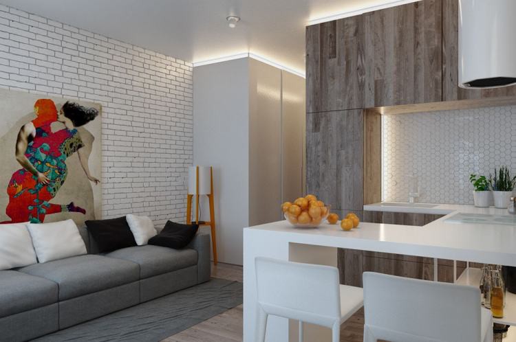 Phòng khách và phòng ăn bố trí cạnh nhau, không dùng tường hoặc vách ngăn mà được phân chia ước lệ bằng thảm tối màu bố trí phòng khách và phòng ăn