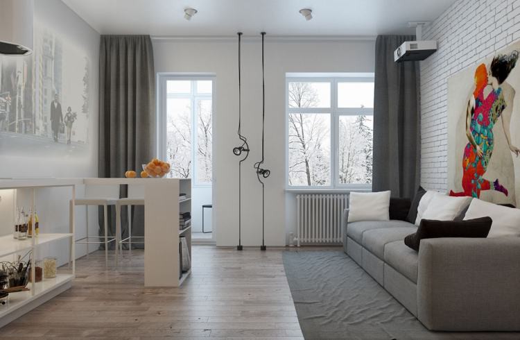 Tường phía sau sofa làm căn hộ màu xám bừng sáng nhờ bức tranh độc đáo, màu sắc rực rỡ trang trí căn hộ màu xám