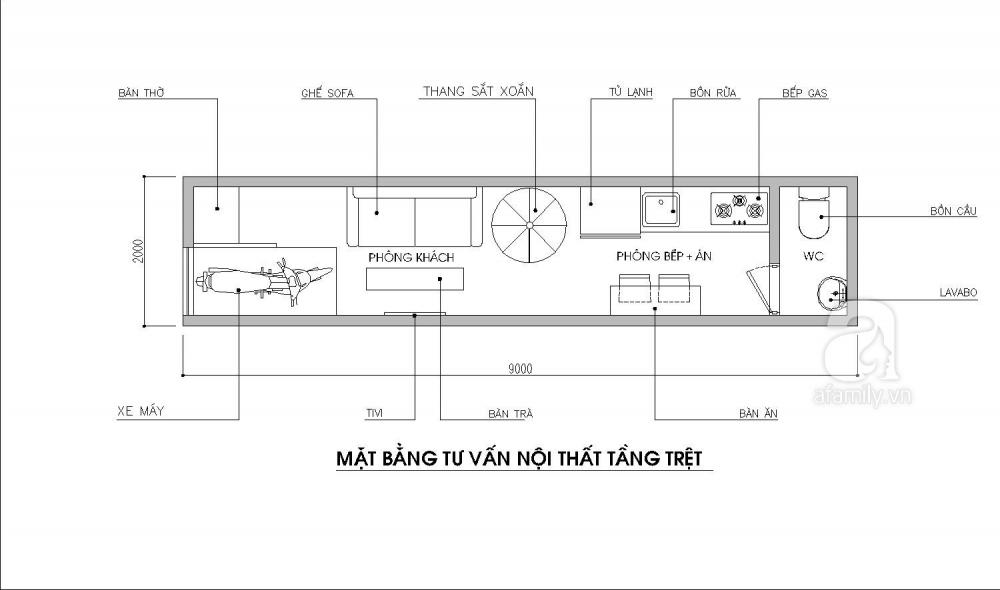 Mặt bằng tư vấn nội thất tầng trệt nhà ống 18m2 tầng trệt nhà ống 18m2