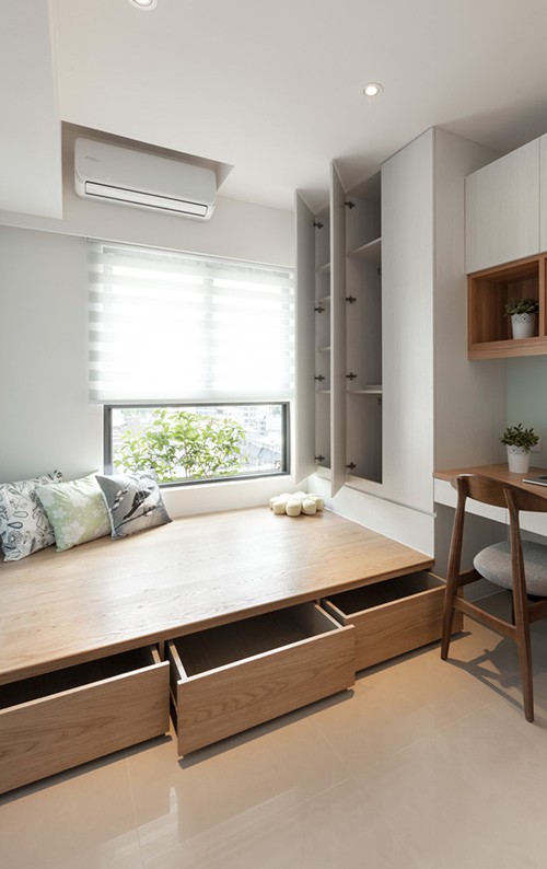 Giường phản kết hợp với tủ quần áo giúp tiết kiệm diện tích cho phòng ngủ nhỏ Giường phản kết hợp với tủ quần áo