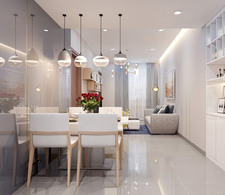 Bàn ăn 4 chỗ nhỏ xinh kê sát tường, đặt gần phía phòng khách. Bàn ăn 4 chỗ nhỏ xinh