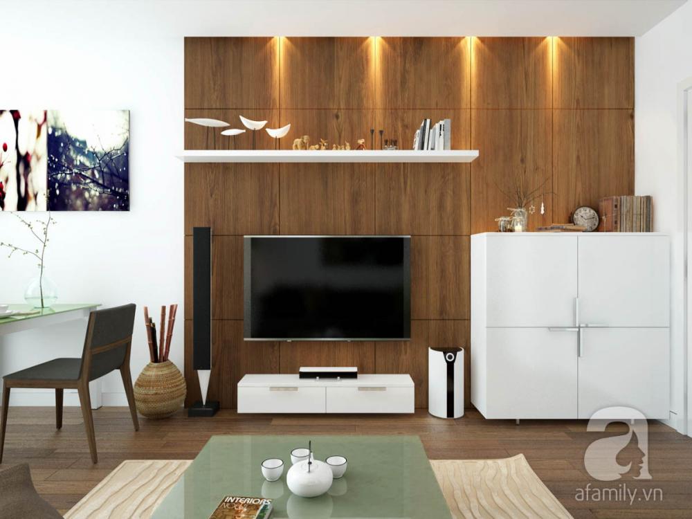 Tivi treo tường kết hợp hệ vách gỗ trang trí nhã nhặn, tạo điểm nhấn cho phòng khách phòng khách căn hộ