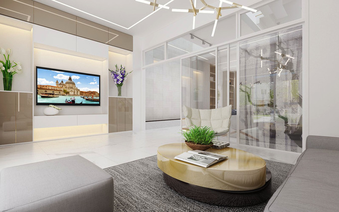Phòng khách sang trọng, hiện đại với tường kính, sofa da và bàn trà kiểu dáng độc đáo Phòng khách sang trọng