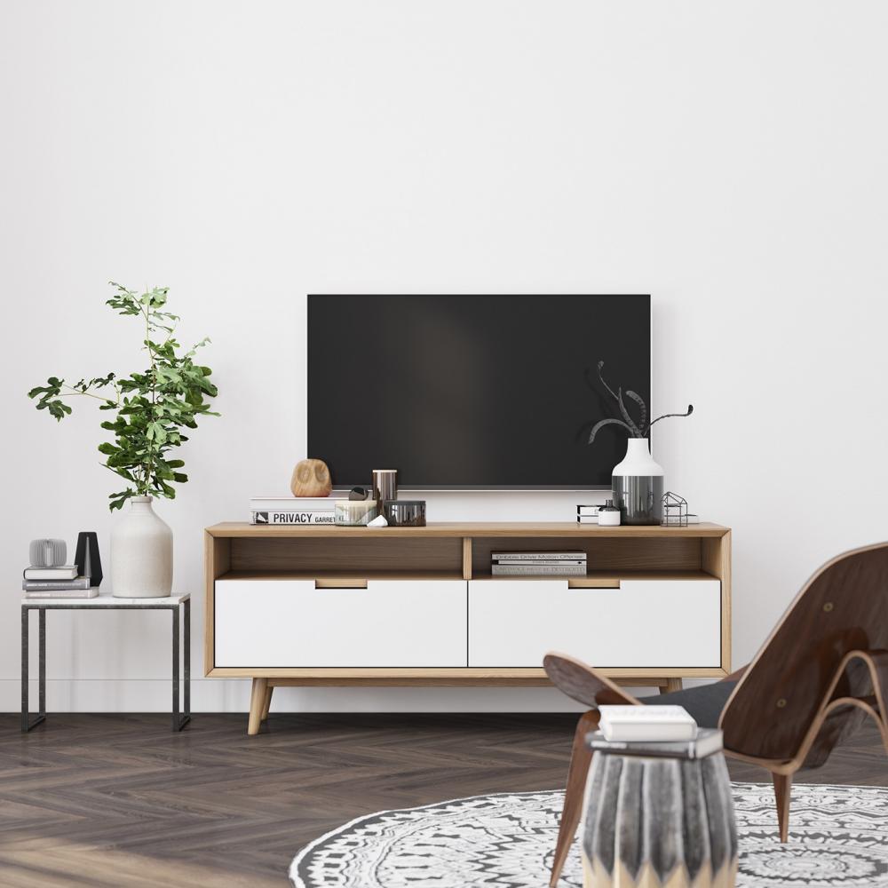 Kệ ti vi bằng gỗ sồi với cánh tủ sơn trắng nhỏ gọn và hiện đại Kệ ti vi bằng gỗ sồi