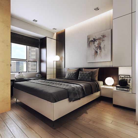 Phòng ngủ master của 2 vợ chồng được trang trí bằng gam màu đen và xám chủ đạo kết hợp nội thất màu trung tính tạo cảm giác thư giãn Phòng ngủ master