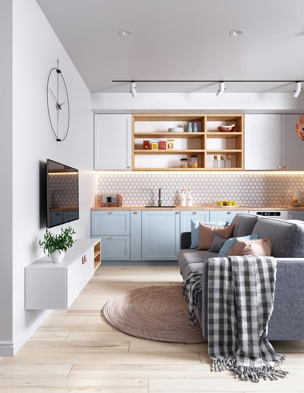 Hệ tủ bếp cũng được thiết kế rất đơn giản với ánh sáng từ đèn âm tường vừa có tác dụng trang trí vừa giúp chủ nhà thuận tiện khi nấu nướng thiết kế bếp đẹp