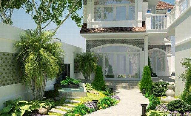 Mảnh sân nhỏ trước nhà được tận dụng làm vườn mini hai bên, ở giữa là lối vào thiết kế sân vườn nhỏ