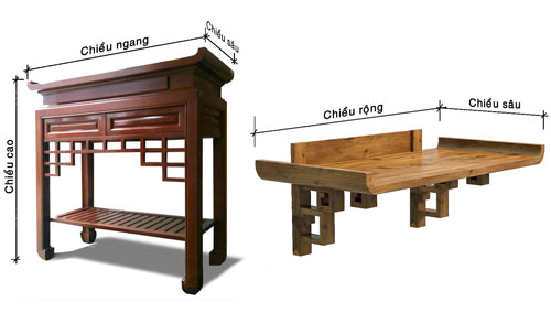 Ảnh chụp mô phỏng mẫu bàn thờ đứng và bàn thờ treo có chú thích thêm về kích thước chọn bàn thờ