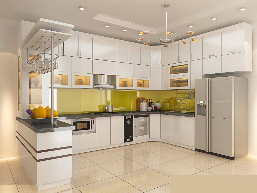 Ảnh chụp một mẫu phòng bếp có các tủ trên và dưới bằng gỗ công nghiệp sơn trắng thiết kế bếp