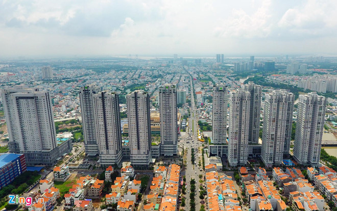 Ảnh chụp một góc TP.HCM, tâm điểm là một dãy nhà chung cư cao tầng Tp.HCM